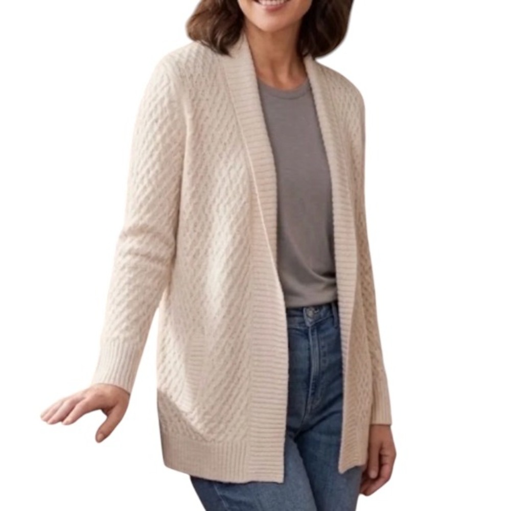TALBOTS Cream Sweater Open Cardigan w/Pockets LAMBSWOOL BLEND Diamond Cable SZ M